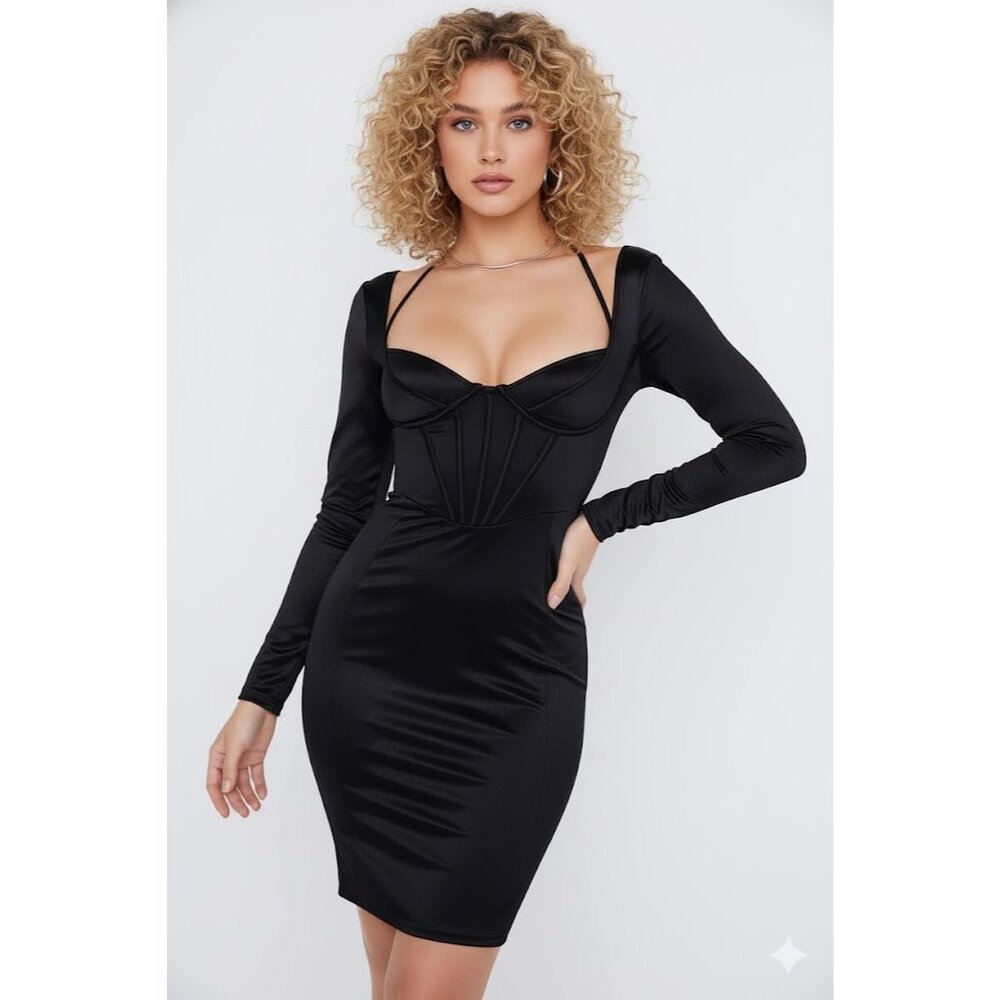 NWT House Of CB Grazia in Black Disco Satin Corset Fitted Mini Dress S Plus Cup